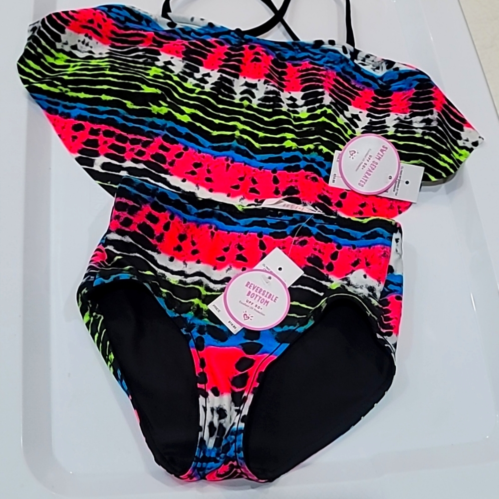 Justice Girls Pink, Black, Yellow, White, and, Blue, Bikini, Size 6. NWT